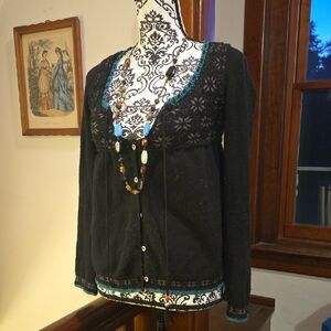 FP Vintage Black Sweater with Blue And Grey Accents XS